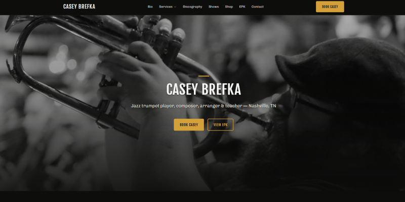 Casey Brefka website screenshot showing a jazz musician's homepage with hero image, upcoming shows calendar, and audio playlists