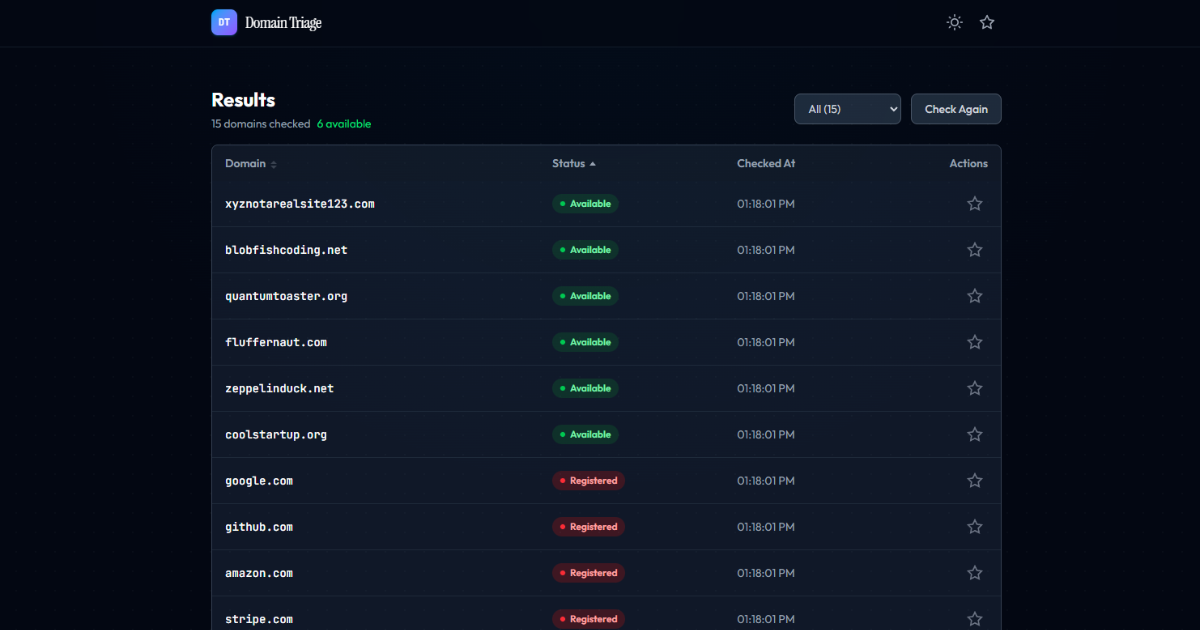 Domain Triage website screenshot showing batch domain availability results table with registered and available status indicators
