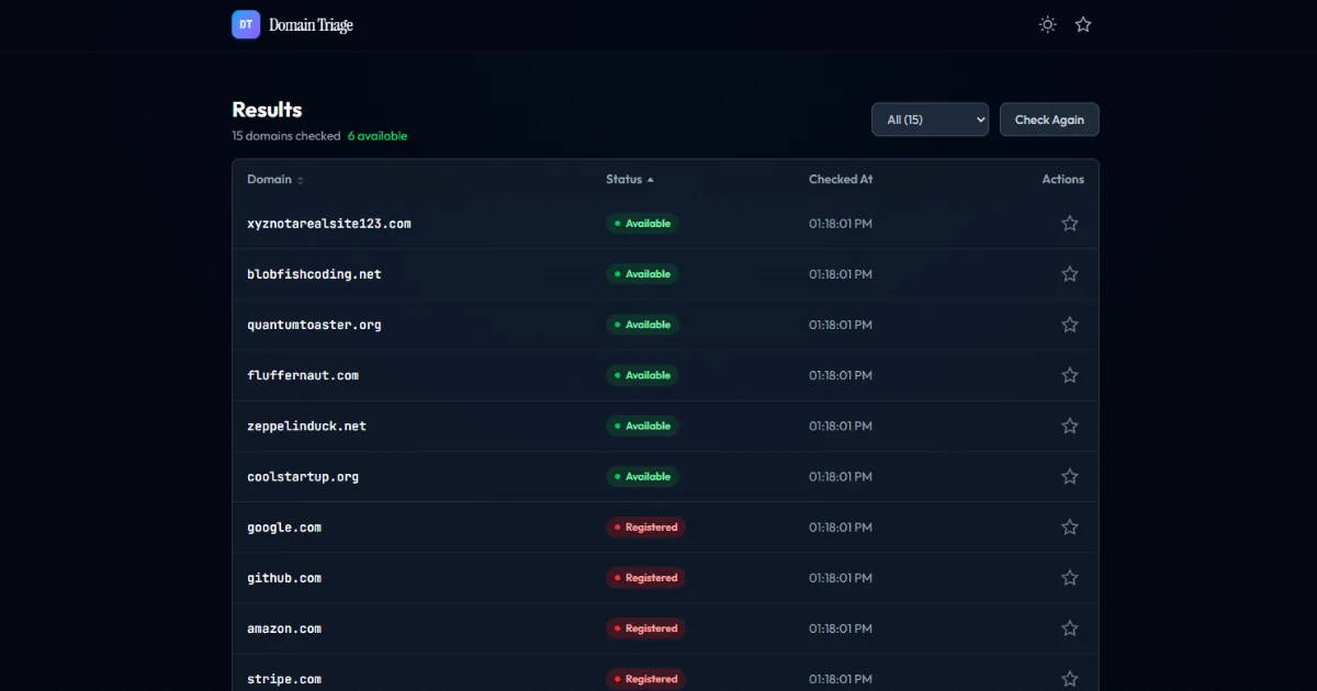 Domain Triage website screenshot showing batch domain availability results table with registered and available status indicators