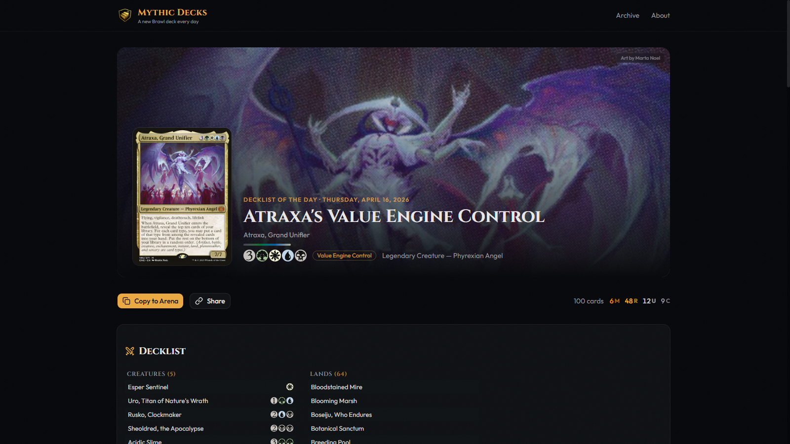 Mythic Decks website screenshot showing the Decklist of the Day featuring Atraxa, Grand Unifier with commander art hero, decklist, and Copy to Arena button