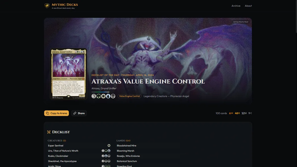 Mythic Decks website screenshot showing the Decklist of the Day featuring Atraxa, Grand Unifier with commander art hero, decklist, and Copy to Arena button