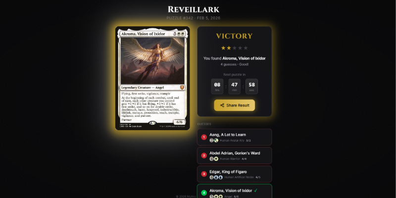 Reveillark game screenshot showing MTG card guessing interface